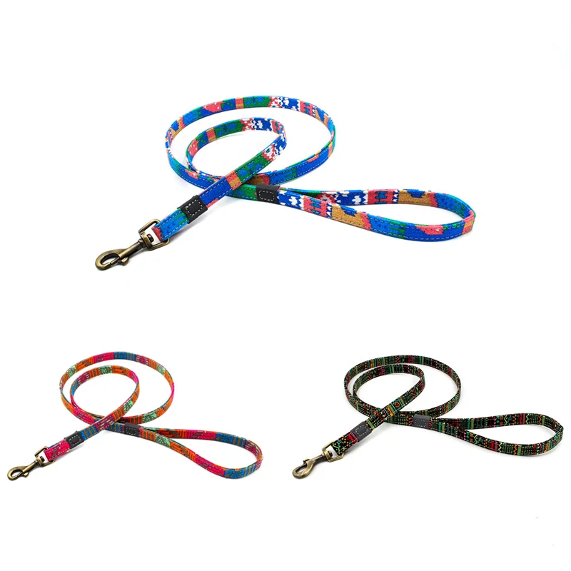 

Boho Dog Leashes Canvas Stripe Printed Pet Dogs Leash Reflective Bohemia Yorkie Puppy Cat Walking Leash Buckle Collar 120cm*2m