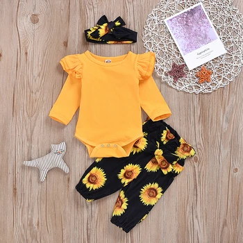 

Newborn Baby Girl Clothes 2020 New Suits Cute Long Sleeve Romper Tops Flower Print Long Pants Headband 3Pcs Outfits Clothing Set