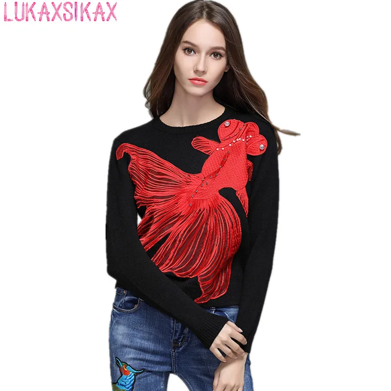 LUKAXSIKAX Fashion Designer 2019 New Autumn Winter Women Sweater High Quality Red Goldfish Embroidery Beaded Runway | Женская одежда