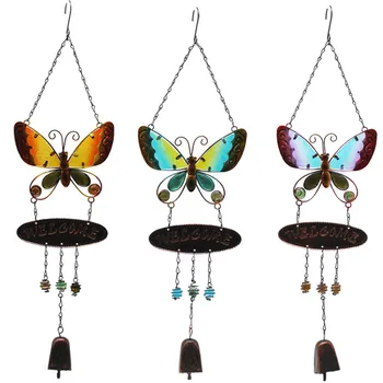 

1PC New butterfly wind chimes metal wrought iron glass handmade crafts welcome to pendant decorations for home garden balcony