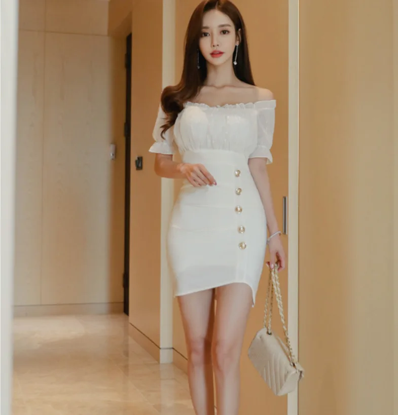 

Mock Two-Piece Chiffon Dress 2019 Summer New Style Horizontal Neck off-Shoulder Back Banquet Sheath Short Dress WOMEN'S Dress