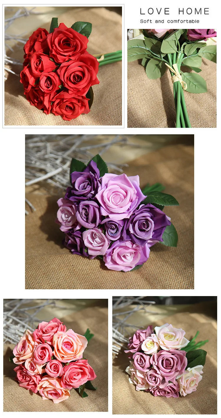 JAROWN Artificial Rose Silk Fake Flowers wedding Flowers Bouquet 9  Head Rose Flowers Home Decoration party decoration Indoor Flores (8)