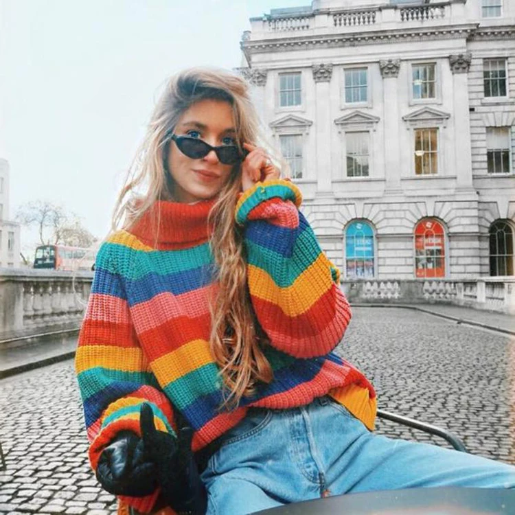 

XinHuaEase Turtleneck Sweater Coat Blouse Top 2020 Autumn Winter New Women Ladies Colorful Stripe Girls Pullover Loose Knit Warm