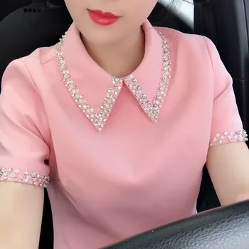 

Diamonds beading sweet peter pan collar women party pink beige dresses short sleeve 2020 summer fashion mini dress Y640