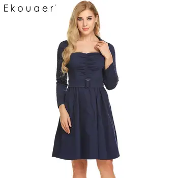 

Ekouaer Women Vintage Style Square Collar Desses Long Sleeve Ruched Solid Pleated Dress with Belt Spring Autumn