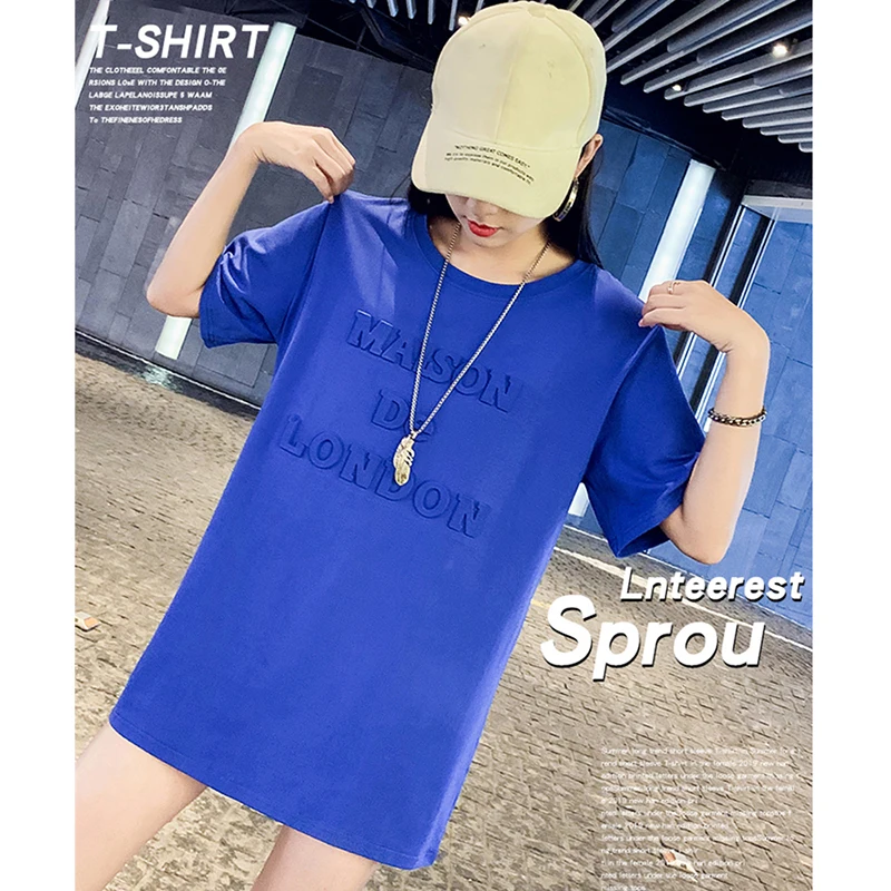 

Cec Letter Graphic Short Sleeve Tshirt Women's Loose Mid Length T Shirt Girl Blue Harajuku T-shirt Lady Cotton Top Female Summer