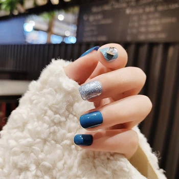 

24Pcs/boxed Haze Blue Color Short Round fake press on nails girls Wearable Disassembly Full Cover artificial nails with glue