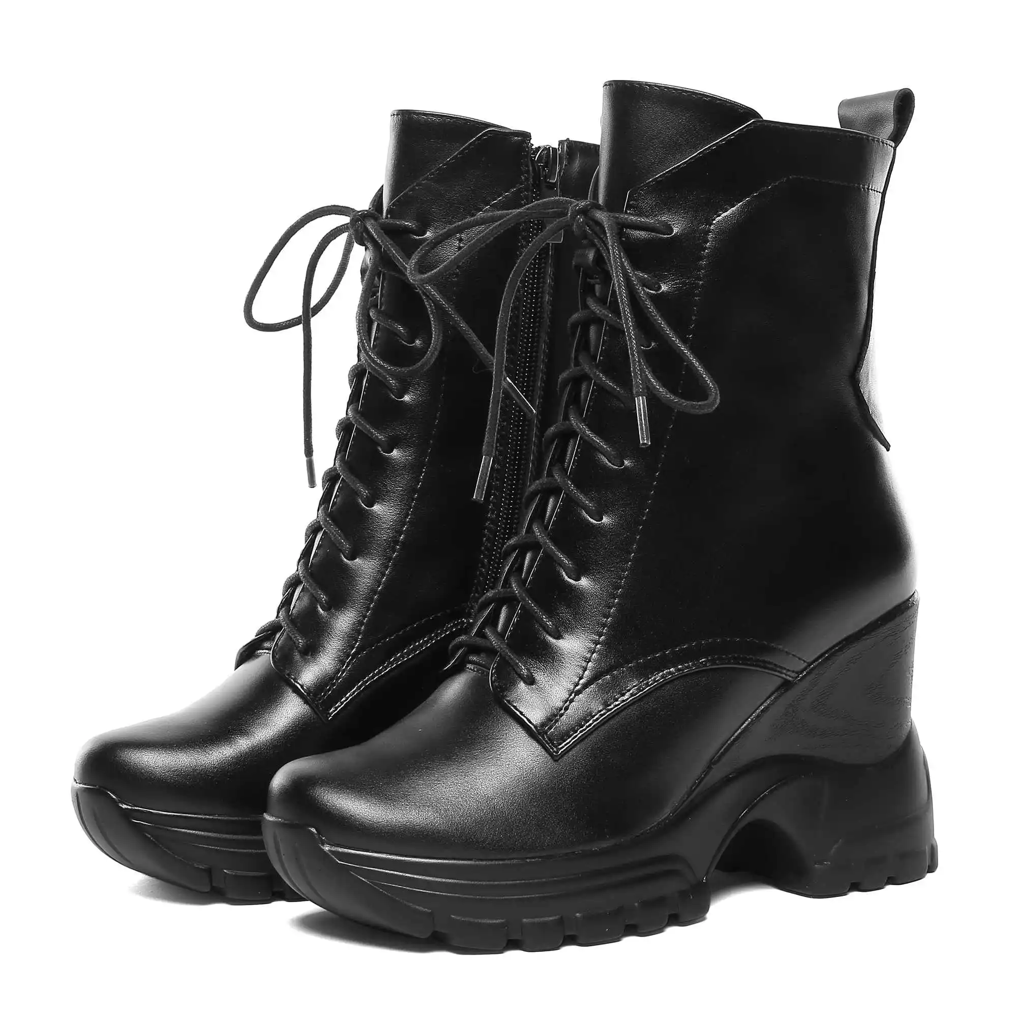 Bottes femme/ботинки до середины икры женская обувь на высоком каблуке обувь из натуральной кожи с круглым носком на танкетке; zapatos de mujer; размер 42