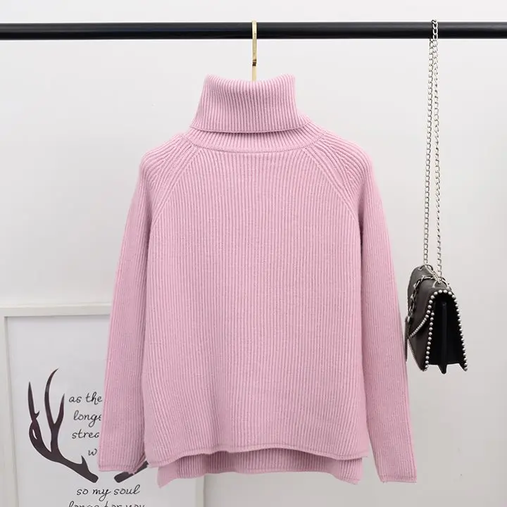 Вязаный Модный пуловер с высоким воротом, женский теплый свитер высокого качества, зимние свободные повседневные пуловеры, свитера, джемпер - Цвет: Розовый