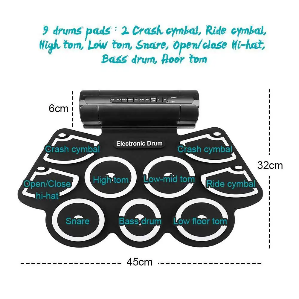 Портативный рулон электронных MIDI барабанов набор наборы 9 подушек Встроенные колонки с педалями для ног барабанные палочки USB кабель для практики