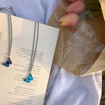 

MORI Series Retro Gradient Color Blue Butterfly INS Normcore Style Necklace Women's Choker Versatile Neck Ornament Sense of Desi