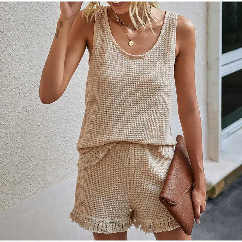 Summer Beach Two Piece Set Women tassel Tracksuit Loungewear Casual Sleeveless Tops + Slim Shorts Suit Elegant Woman Set Outfits dressy pant suits