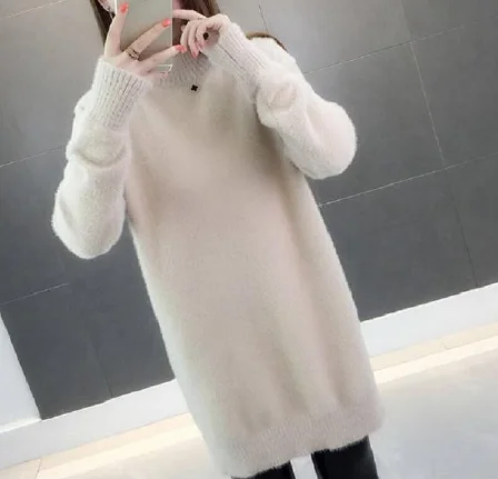khaki New Women's Sweater Thickening Water Velvet Sweater Female Loose New Warm Long Section High Collar Dottoming Sweater - Цвет: khaki