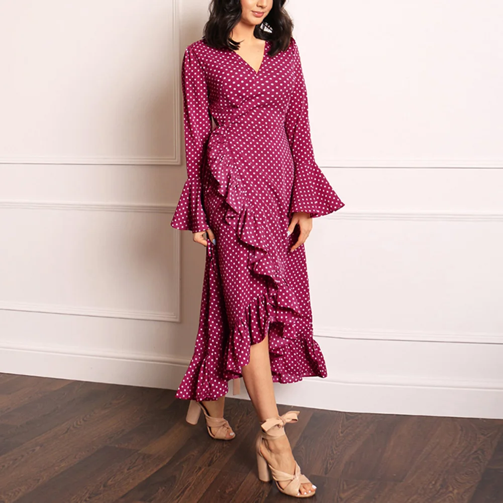 

Autumn and Winter Flare Full Sleeve Women Dress Deep V Neck Crop Party Dress polka Dot Print Ruffles Short Boho Dress Vestidos