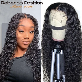 

Rebecca 180% Deep Wave Frontal Wig 13x4 Pre Plucked Deep Curly HD Lace Front Human Hair Wig With Baby Hair For Women 30inch