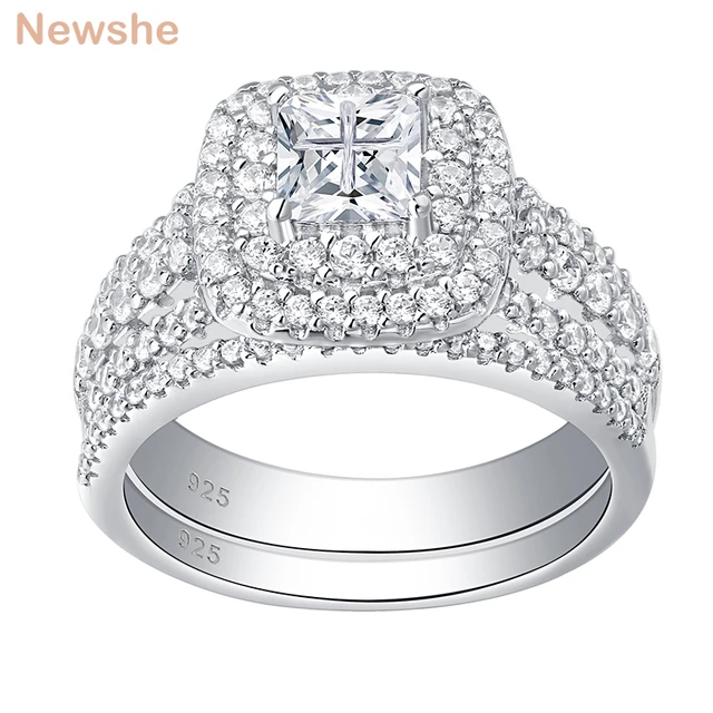 Newshe 925 Sterling Silver Halo Wedding Ring Set For Women Elegant Jewelry Princess Cross Cut AAAAA CZ Engagement Rings 1