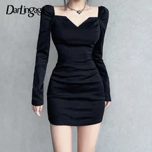 

Darlingaga Korean Fashion Square Collar Bodycon Black Dress Long Sleeve Solid Slim Basic Spring Women Dresses Casual Mini Cloth