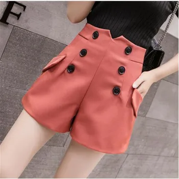 

2019 Fashion New Double-breasted High Waist Shorts Women Casual Pockets Zipper Wide Leg Shorts Feminino