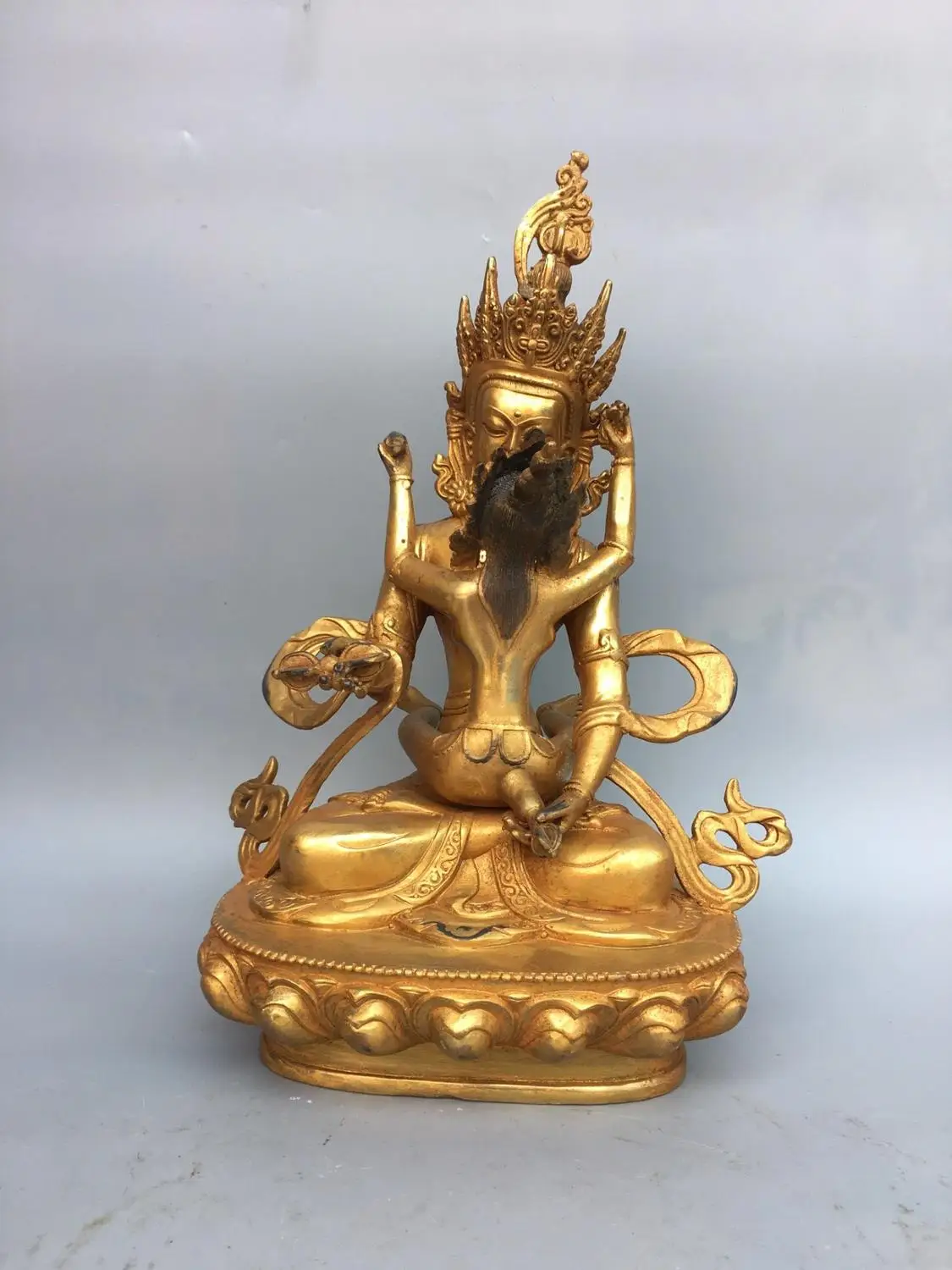 

11" Tibet Buddhism Temple bronze Gilt gold Happy Buddha Statue Statue of Men and Women Love god Representative of Law and Wisdom