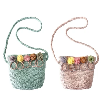 

2pcs Girls Shoulder Bag Straw Rattan Weave Crossbody Bag for Baby Girls Best - Pink & Green