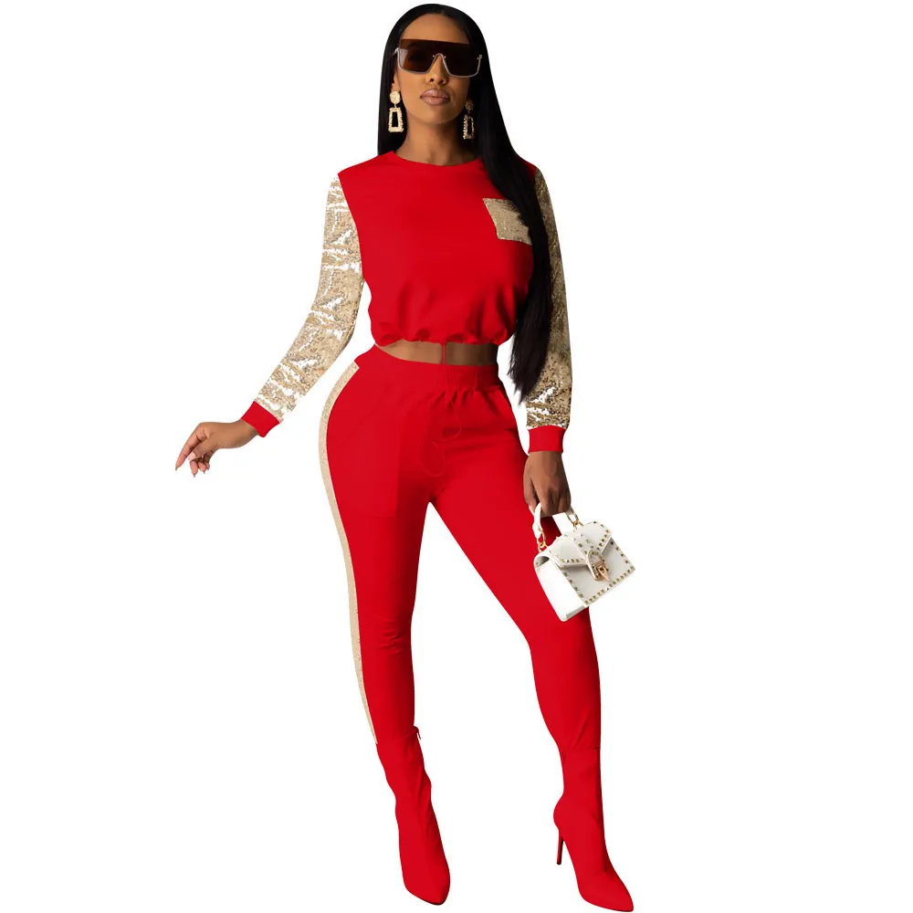 

Spring Winter Tracksuit Women Lounge Wear Two Piece Set Sequined Patchwork Sweatshirt Pencil Pants Suit Casual Club Matching Set