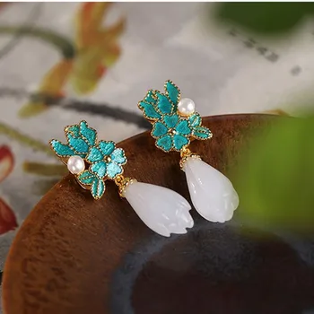 

BOCAI new S925 pure silver natural white stone orchid earrings female butterfly plum cloisonne pearl earrings women's earrings