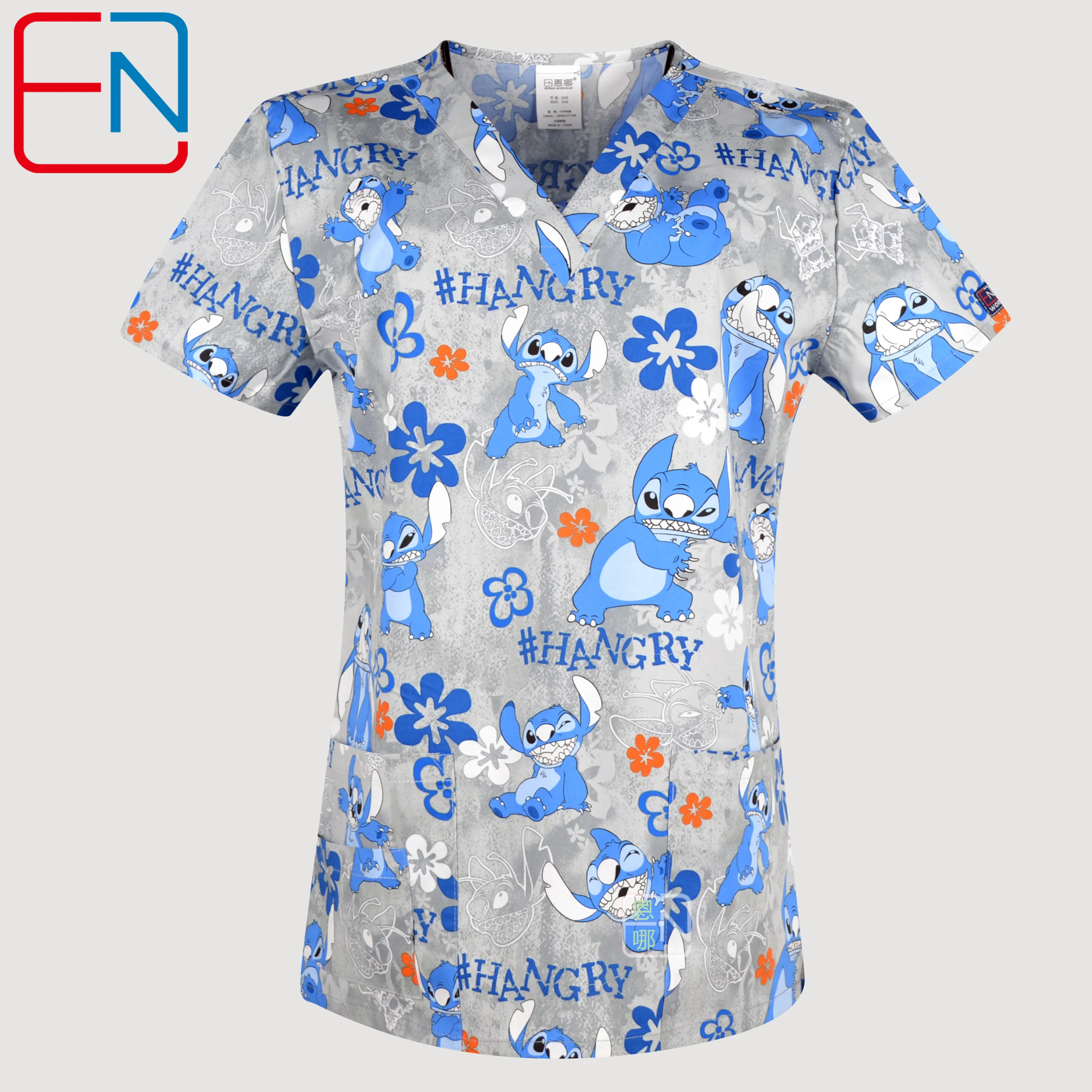 

NEW Hennar Women Scrub Top With V-Neck 100% Cotton Print Surgical Medical Uniforms Hospital Nurse Scrub Tops For Women