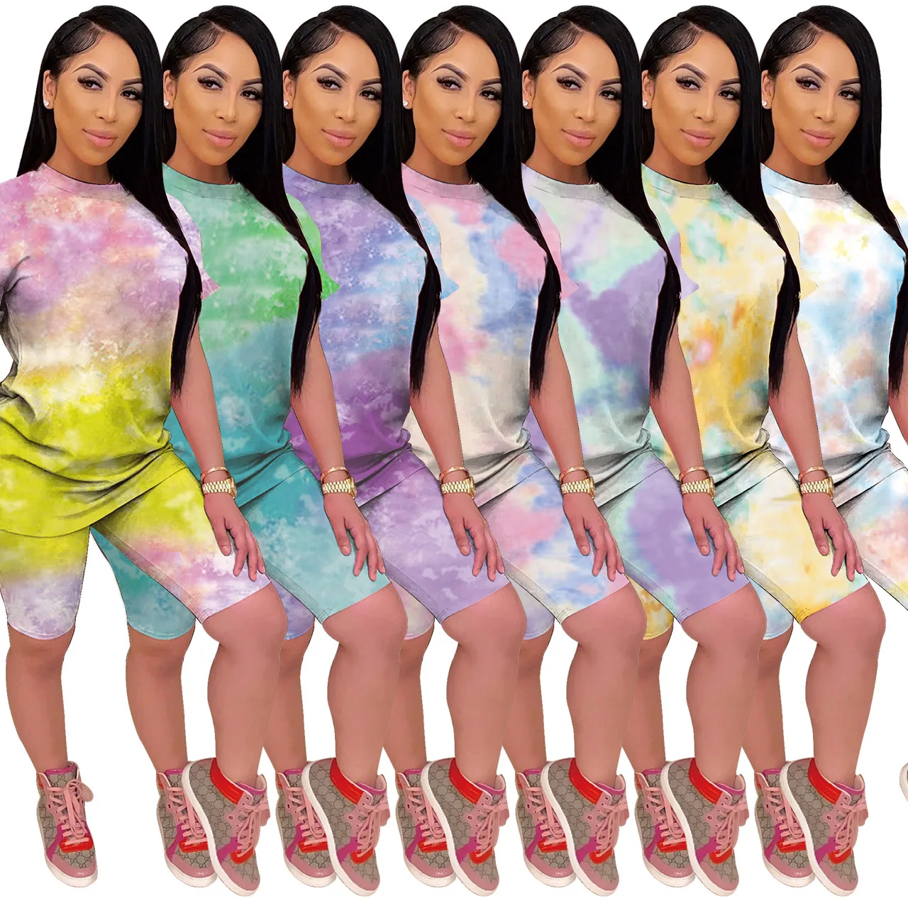 

2020 Summer New Women's Casual Suit Leisure Tops Tie-Dye Printed Athletic T-shirt Shorts European and American Two-Piece Set