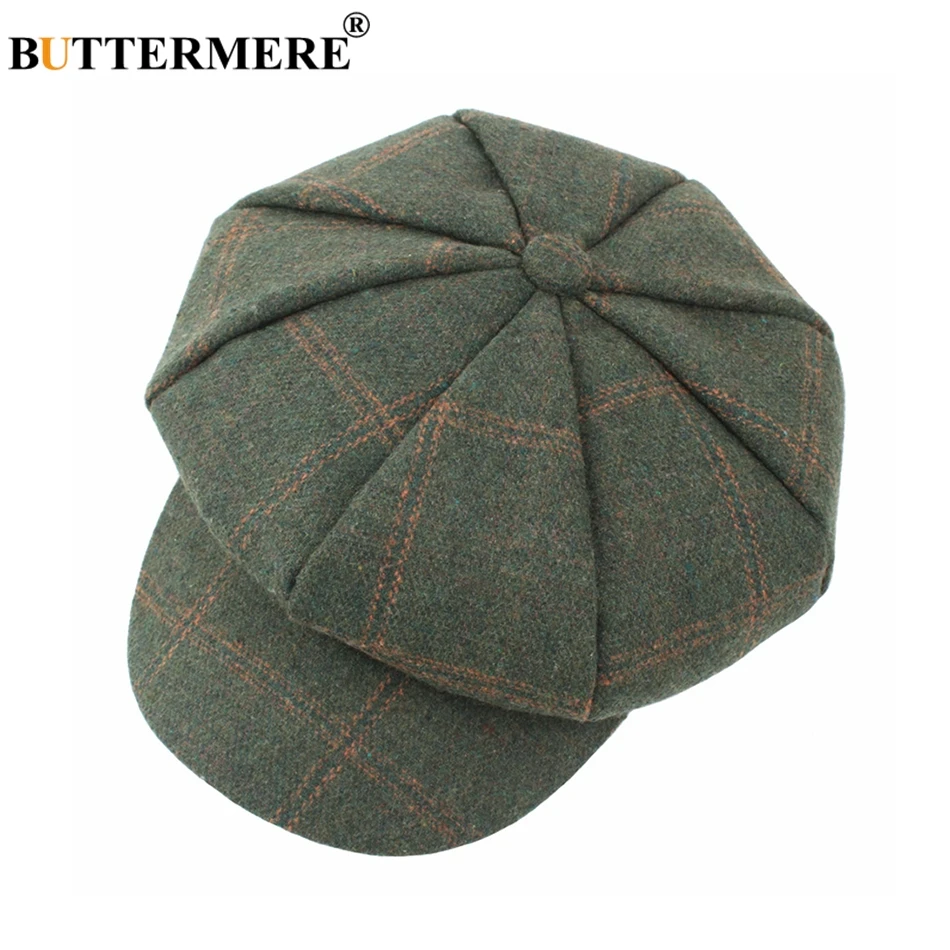 BUTTERMERE Women Wool Tweed Caps Newsboy Female Male Vintage Army Green Plaid Flat Caps Spring Painters Cabbie Duckbill Hat 2021