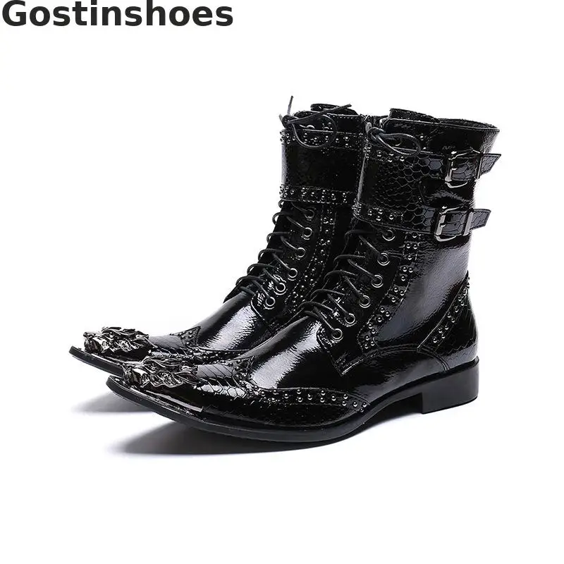 

Men Martin Boots Genuine Leather Black Motorcycle Boots Snakeskin Cap Toe Lace-up Men Short Boots Buckle Straps Riding Boots