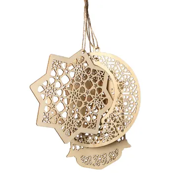

Wooden handmade jewelry home accessories pendant Eid Mubarak lanterns hexagon moon DIY decoration wooden decoration crafts