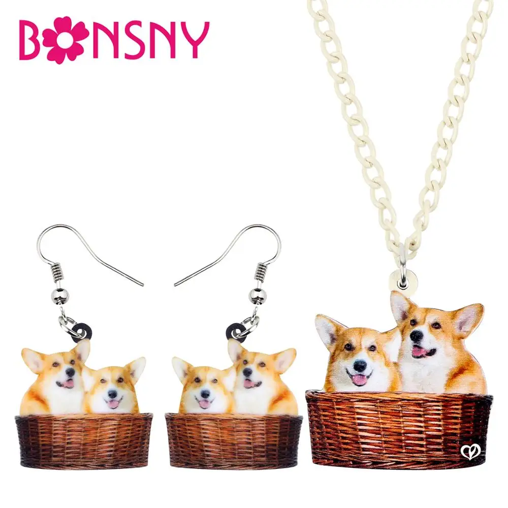Bonsny акриловые Happy Welsh Corgi Pembroke корзина для собак ожерелье серьги Ювелирные наборы