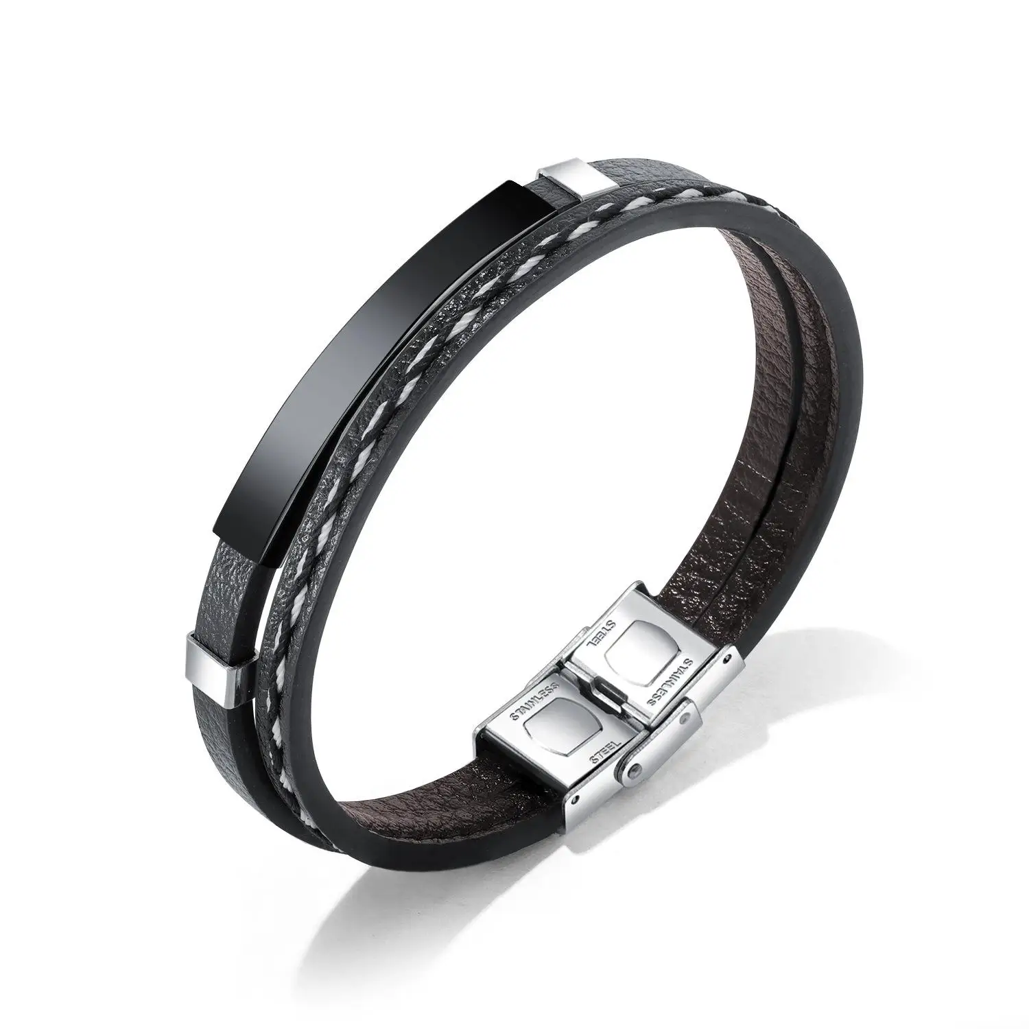 Trendy Custom Logo Engrave Name Bracelet Men Women Glossy Woven Friendship Id Bracelet Leather Stainless Steel Bracelet - Окраска металла: black no engraved