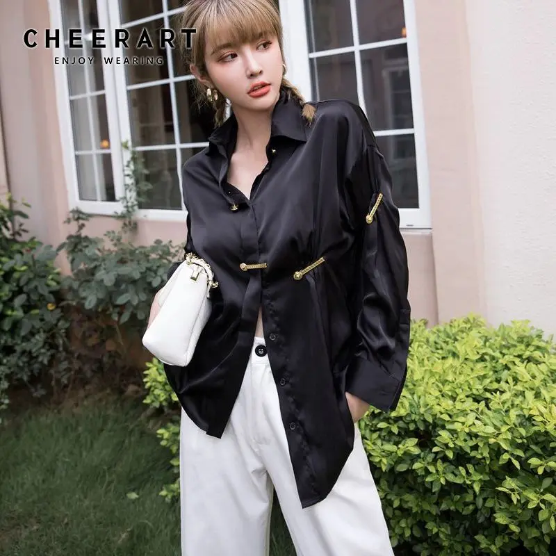 CHEERART Black Pin Long Sleeve Blouse Satin Button Up Collar Korean Shirt Fall 2020 Women Top Streetwear Fashion Clothing | Женская