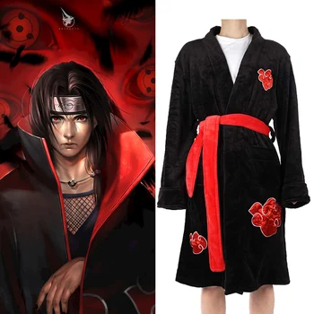 

Naruto Uchiha Itachi Akatsuki Red Cloud Bathrobe Cosplay Costume Flannel Pajamas Warm Nightwear Sleepwear Kimono Robe