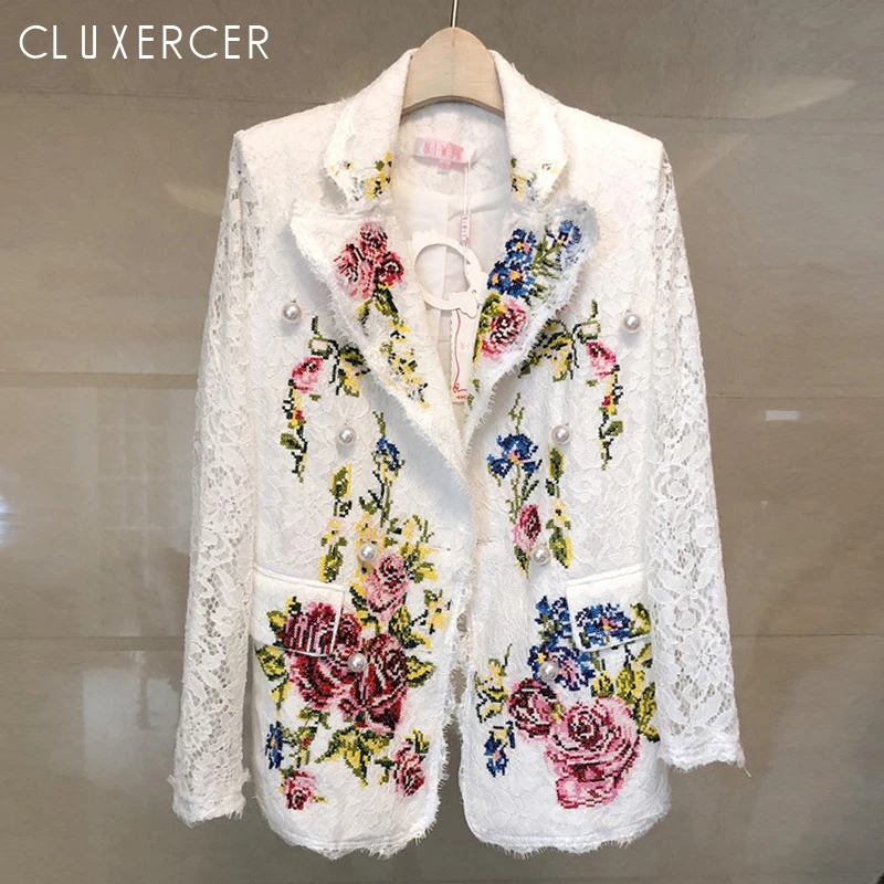 

2019 Fashion Runway Designer Female Jackets Coat Autumn Women Luxury Hollow Out Pearls Floral Embroidery Jacket Outerwear