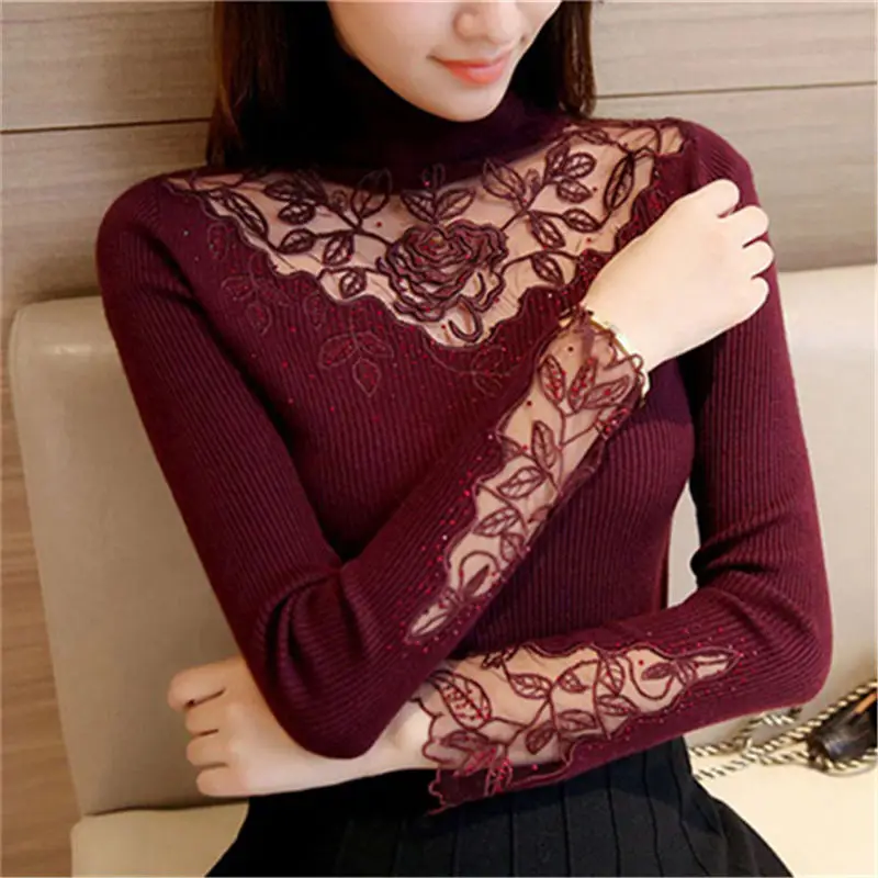 

Korea Autumn Winter Solid Turtleneck Pullovers Sweaters Women Spring Sexy Burgundy Embroidery Lace Knitted Slim Sweater Female