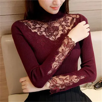

Korea Autumn Winter Solid Turtleneck Pullovers Sweaters Women Spring Sexy Burgundy Embroidery Lace Knitted Slim Sweater Female