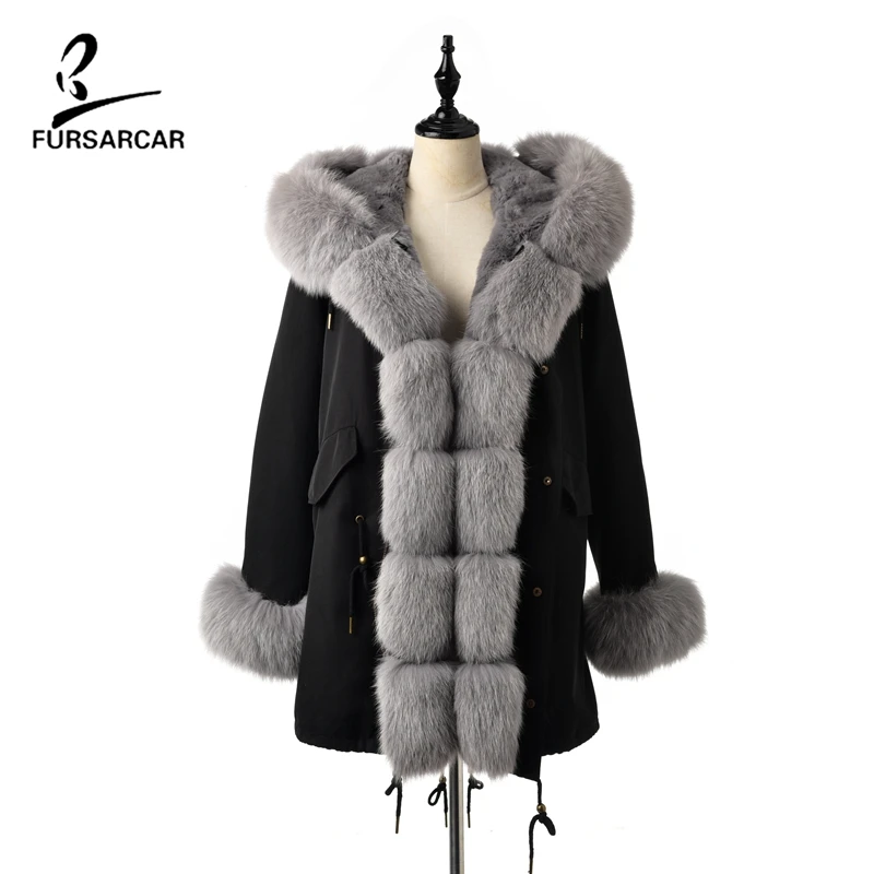 Black With Grey Мех Sarcar Зима Новая женская подкладка из натурального кроличьего меха парка пальто женские куртки и пальто с воротником из лисьего меха капюшон толстые пальто - Цвет: Black With Grey