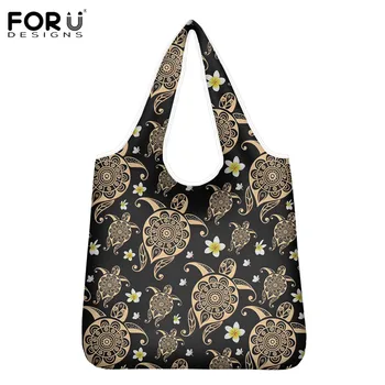 

FORUDESIGNS Foldable Reusable Shopping Bags Female Sea Turtle Tribal Design Large Capacity Storage Bags Eco Shopping Hand Bag