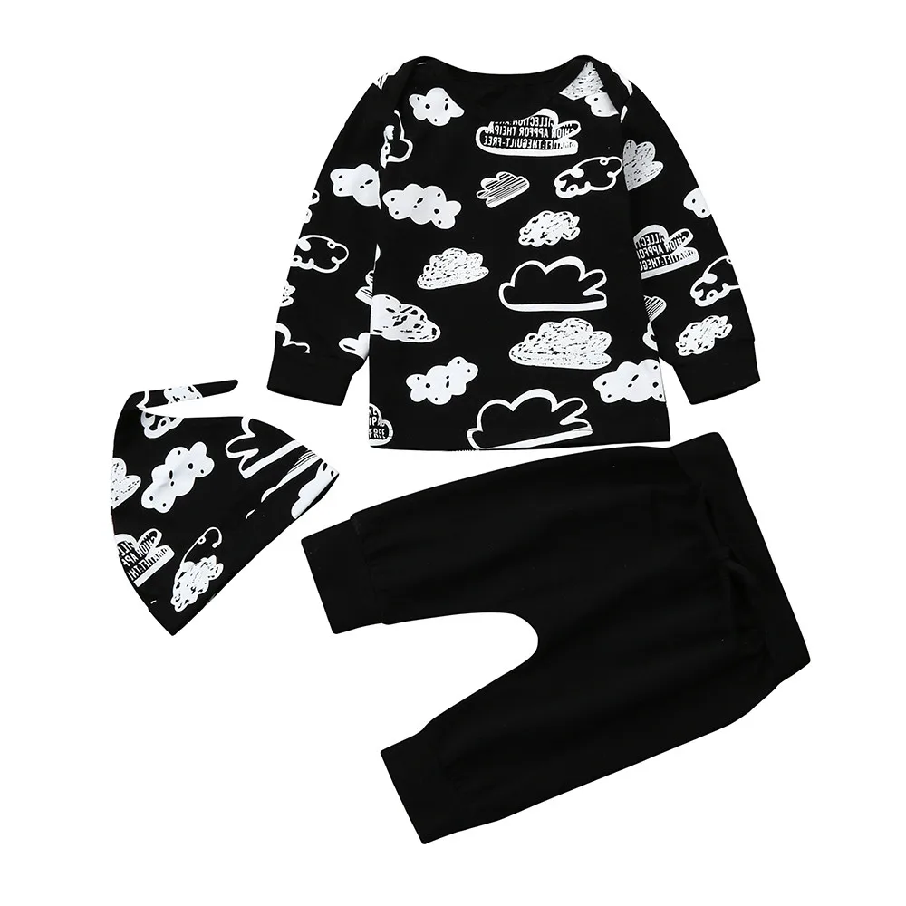 Осенняя одежда для детей из 3 предметов комплект одежды для новорожденных девочек и мальчиков, футболка с принтом облака топ+ штаны, одежда, Y831 - Цвет: BK