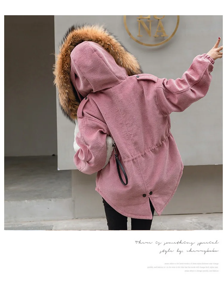 AYUNSUE Winter Jacket Women Clothes Thick Korean Style Corduroy Coat Large Fur Collar Down Cotton Overcoat Jackets KJ3462