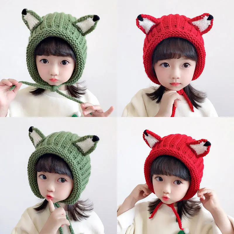 

Newborn Baby Winter Warm Hat Knitted Baby Hats with Fox Ears Cartoon Lace-up Children Kids Cap for 1-3 Years