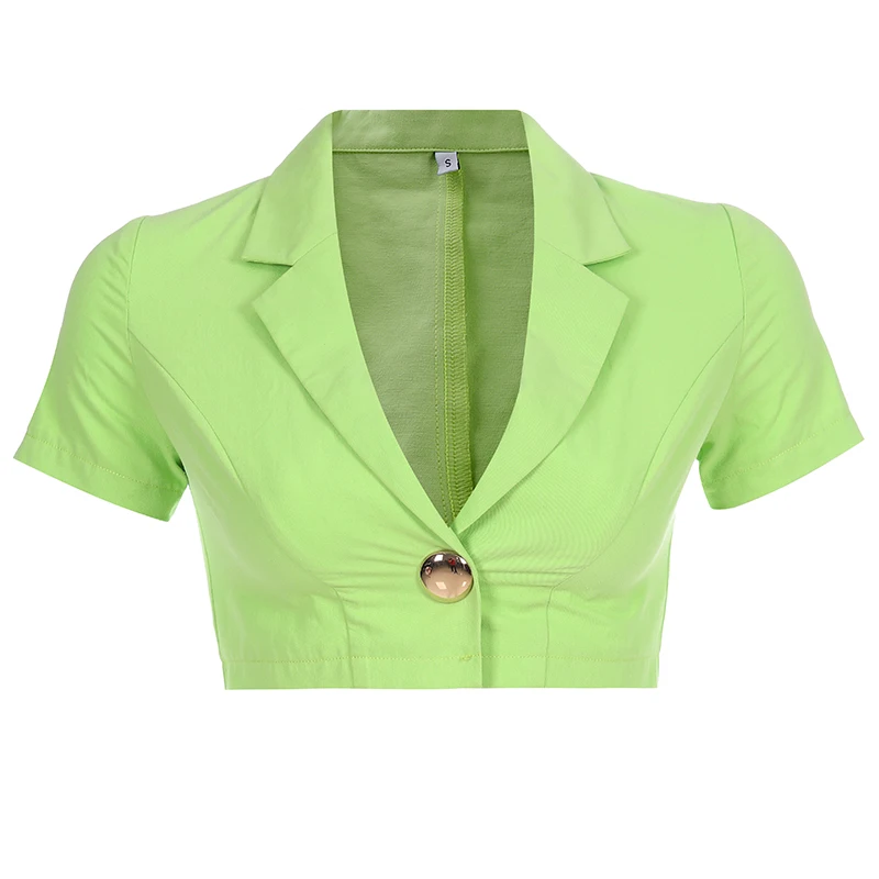 Short Sleeve Neon Green Blazer Women Deep V Neck Sexy Crop Ladies Jackets And Blazers Cotton Streetwear Summer 2019