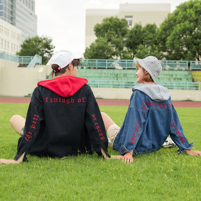 

Cowboy Jacket 2019 Spring And Autumn Korean-style New Style Hooded Lettered Embroidered with Holes University Style Couples Cowb