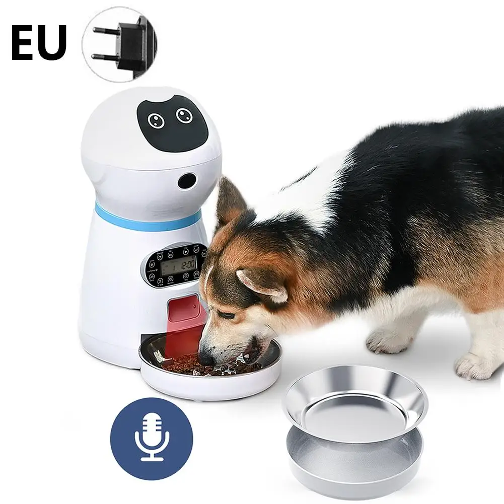 Автоматическая кормушка для домашних животных, дозатор для собак, кормушка для домашних животных, миска из нержавеющей стали, диктофон, программируемый автоматический дозатор времени - Цвет: EU