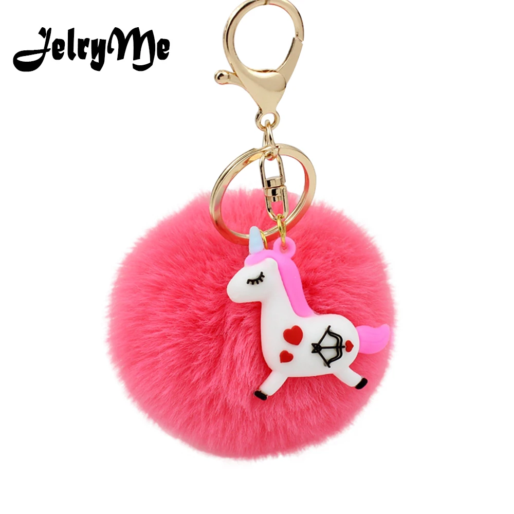 

New 2019 Cute Silicone Unicorn Keychain Fluffy Fake Rabbit Fur Pompom Key Chain Anime Keyring Women Bag Charm Pendant Jewelry