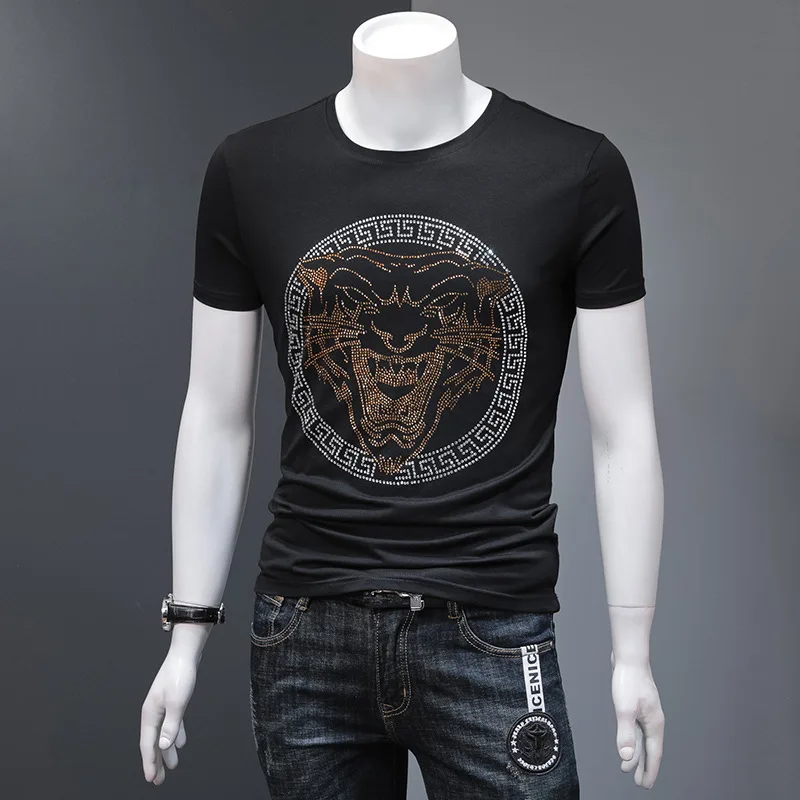 

2019 Tiger Rhinestones Men Brand Short Sleeve T-shirts Fashion Man Streetwear O Neck Slim Modal Cotton 100% T Shirt Men Xxxxl