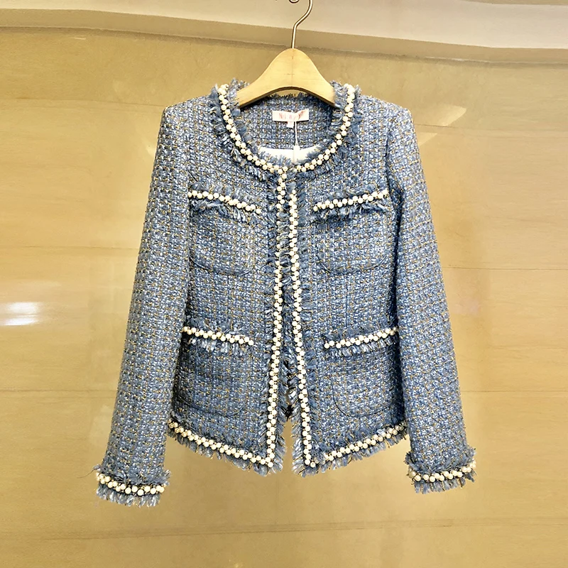 

NIWIY Brand Long Sleeve Blue Bead Tweed Jacket Abrigos Mujer Invierno 2019 Autumn Luxury Women Jacket Manteau Femme Hiver K9406