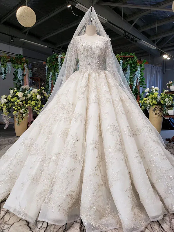 HTL1096 роскошное свадебное платье с бусинами с длинным рукавом и круглым вырезом, кружевное свадебное платье с вуалью для невесты размера плюс vestito da sposa - Цвет: as picture